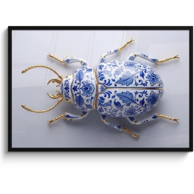 FrameYourWall Poster in lijst - Fotolijst 120x80 cm - Posters - Kever - Delfts - Blauw - Goud - Posterlijst zwart - Decoratie - Wanddecoratie woonkamer - Muurdecoratie slaapkamer