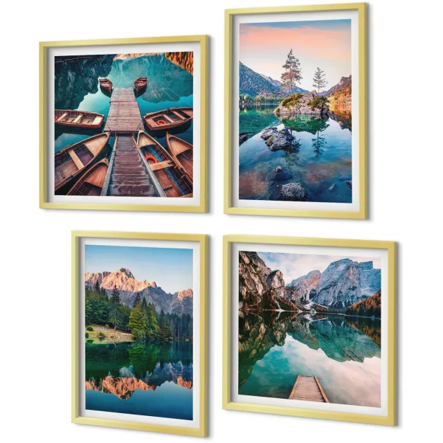Coloray 4-Delige Schilderij Set - Bergmeren met weerspiegelingen in het water en het bos. - 40 x 40 cm en 40 x 60 cm - Wanddecoratie - Schilderijen Set - Interieur - Moderne Wanddecoratie Gouden lijst