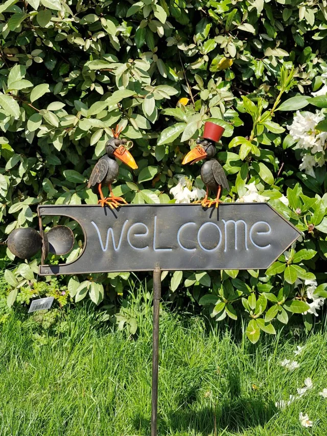 SH Tuinsteker "Welkom" met Grappige Steampunk Vogels en Propeller - metaal - hoogte ca. 124cm - Decoratieve Metalen Tuinsteker roestbruin-rood
