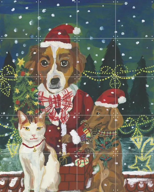 IXXI Noel Sur Le Toit, Nathalie Lété - 80 x 100 cm - Grote wanddecoratie en posters - Illustraties, Woonkamer, Kerst, Dieren Groen / Rood