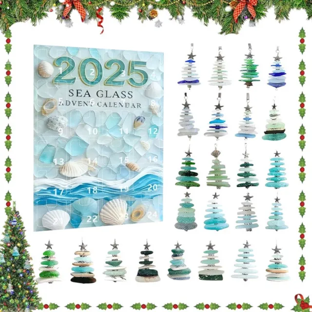 Blauw 2025 Zeeglas Kerstboom Aftelkalender Blinde Doos - Zeeglas Stijl Kerstboom Ornamenten - Acryl Kerstboom Hangers - Blauw - Zeeglas Beker Kerstboom Adventskalender - Mini Zeeglas Kerstboom Decoraties - Oceaan Thema Aftelkalender