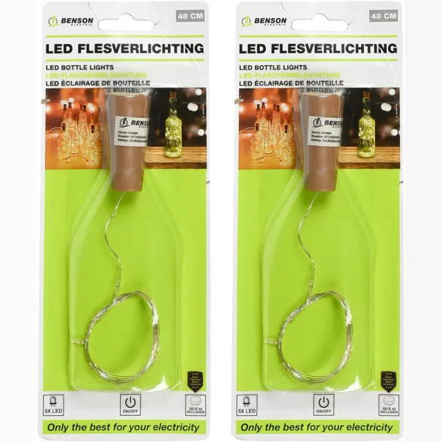 Benson LED flesverlichting - 2x - warm wit - 48 cm - 5 LED's - incl. batterij - Sfeerverlichting voor in een fles Transparant