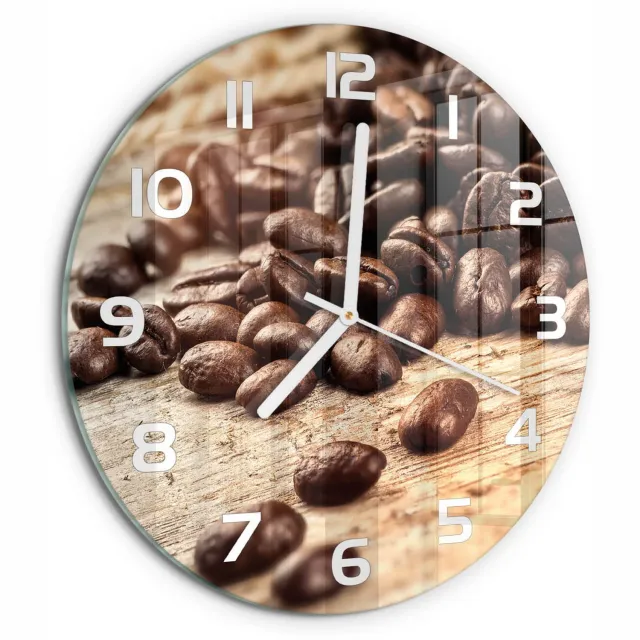 TULUP Wandklok - Koffiebonen Wandklok Glas Met Motief - fi30 cm - Bruin Decoratieve Glazen Klok - Witte handen - Ronde Klok - Gekleurde Glazen Klok - Glazen Klok Met Print