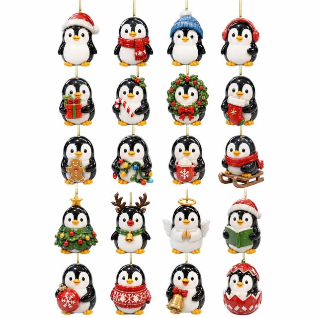 SWGOTA Adventskalender met 24 platte pinguïnhangers - Diverse kerst- en winterfiguren met goudkleurige ophangkoorden en genummerde kartonnen doos Zwart