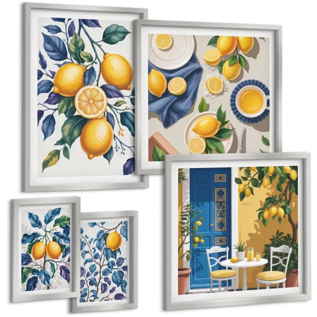 Coloray 5-Delige Schilderij Set - Esthetisch Aantrekkelijke Combinatie Van Groene Olijven En Eucalyptustakken - 20 x 30 cm - Muurdecoratie - Wanddecoratie - Hal Zilveren lijst