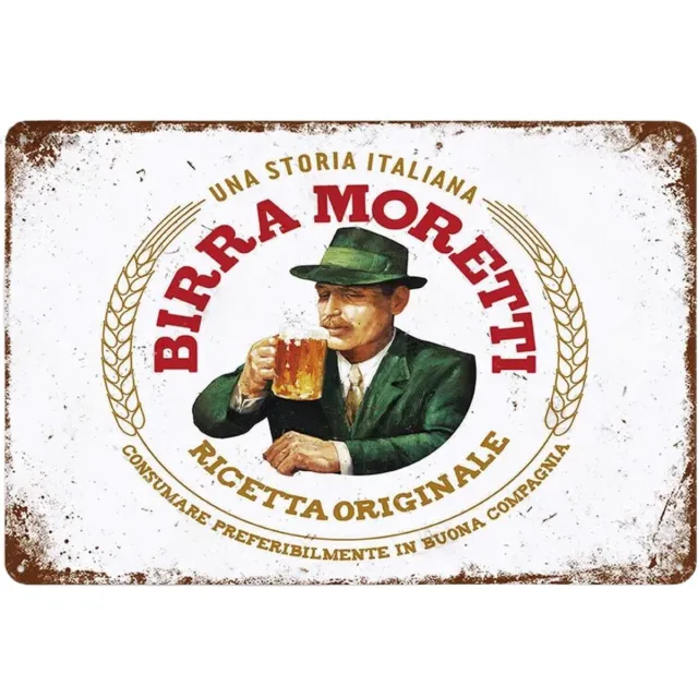 Birra Moretti Wandbord Birra Moretti - Metalen Wandbord, Maat: 30x20 cm - Vintage Muurplaat - Retro Horeca Bord - Reclamebord Mancave Kroeg - Wandplaat Bar Cafe Reclameplaat - Wanddecoratie Biermerk Reclame Wit
