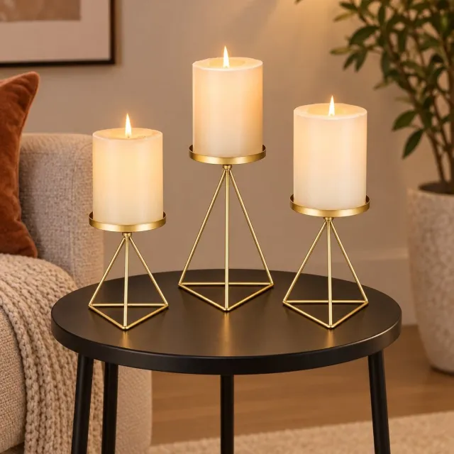 R H R&H® Geometrische Kandelaars Set van 3 - Gouden Metalen Draad Kandelaars voor Pijlerkaarsen - Vintage Tafel Decoratie voor Woonkamer Eetkamer Openhaard