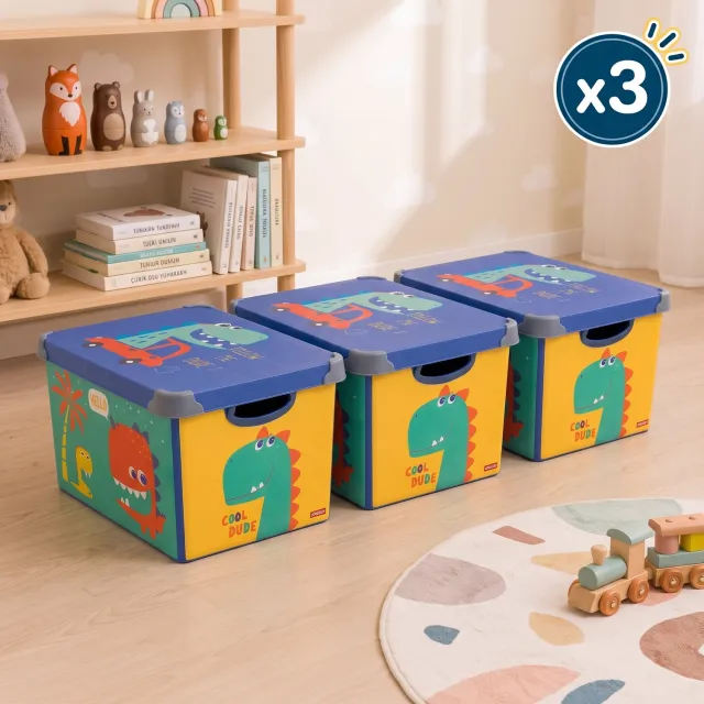Indecor Speelgoed Opbergers 17 Liter Set van 3 met Deksel – Dino Thema BPA vrije Stapelbare Opbergboxen met Handgrepen - Voor Speelgoed, Kleding en Accessoires Dinosaurusmotief x 3