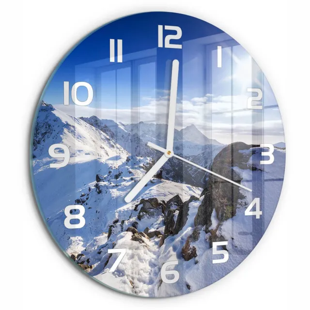 TULUP Wandklok - De top van het Tatragebergte Klok Glas Met Opdruk - fi30 cm - Blauw Moderne Wandklok Glas - Witte handen - Ronde Klok - Decoratieve Glazen Klok - Glazen Wandklok Design