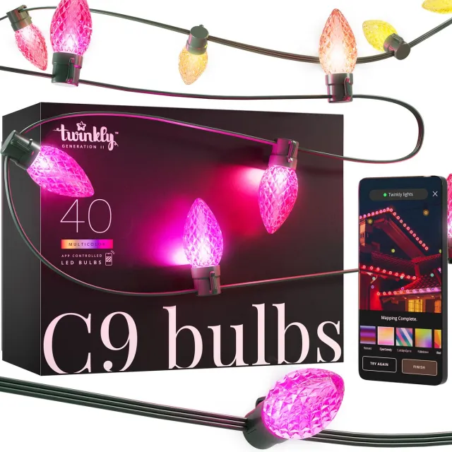 Twinkly C9 lampen - App gestuurde - LED-lichtslinger met 40 RGB (16 miljoen kleuren) LED's - 12m - Groene kabel - Slimme buitenverlichting