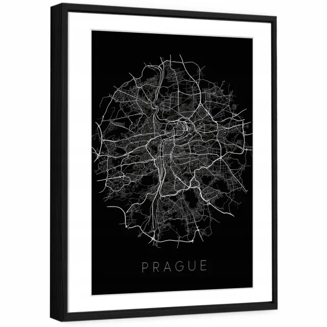 WALLARENA Schilderij met reliëf en passe-partout 90x60 cm - zwarte lijst - skyline van Praag in loftstijl - wanddecoratie voor woonkamer en slaapkamer