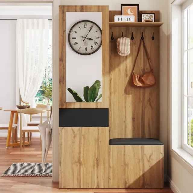 MODFU Kapstok 98,5x38x191 cm van MDF, met spiegel en schoenenkasten, zwart/naturel Zwart+Natuurlijk