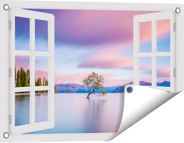 Gards Tuinposter Doorkijk Wanaka Boom in het Water bij Zonsopgang - 60x40 cm - Tuindoek - Tuindecoratie - Wanddecoratie buiten - Tuinschilderij Wit