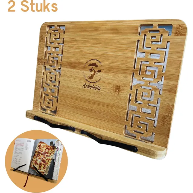 Arboledia Boekenstandaard Bamboe - Boekensteun - Boekstandaard - Boekenhouder - Boekenstandaard Hout - Tabletstandaard - Laptopstandaard - 24x34cm - 2 Stuks Bruin