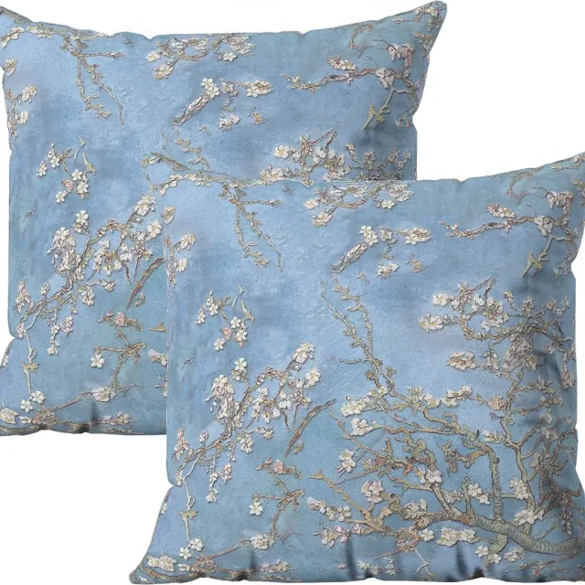 De Groen Home Bedrukt Kussenhoes Amandelbloesem - Kussensloop - Sierkussenhoes - Velvet hoes voor sierkussens Kunst - set van 2 - 45x45 cm - aan beide zijdig bedrukt Lichtblauw