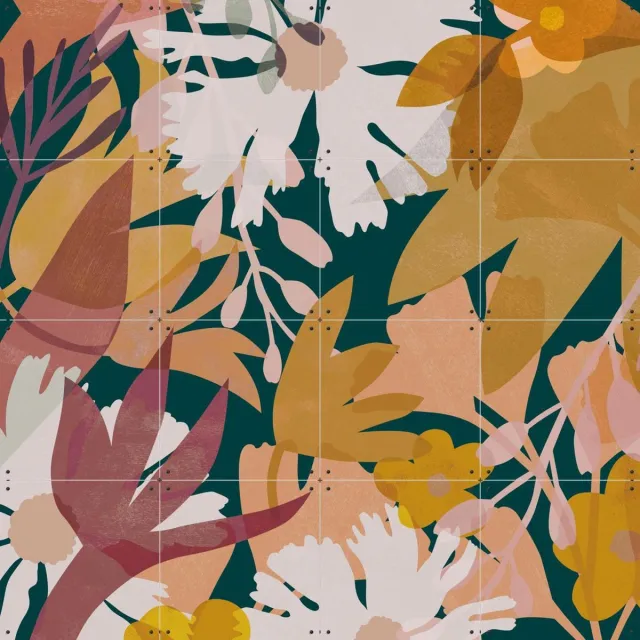 IXXI Flowers dark, Lotte Dirks - 80 x 80 cm - Grote wanddecoratie en posters - Speels, Illustraties, Digitale Kunst, Slaapkamer, Woonkamer, Botanisch Groen / Warme kleuren