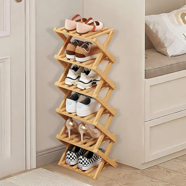 Trywise Smal schoenenrek van bamboe - 6-laags, verticaal en opvouwbaar - Stevig houten X-frame voor ruimtebesparende opslag - Voor hal, entree, hoek en slaapkamer, 28 x 25 cm Bruin