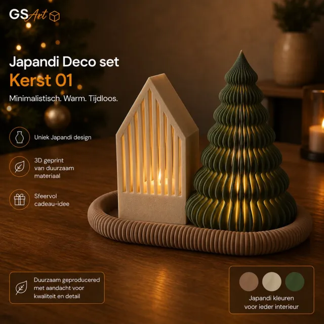 GSArt Japandi Deco Set Kerst 01 – Kerstdecoratie met Huisje, Kerstboom & LED Kaarsjes – 3D Geprint Divers