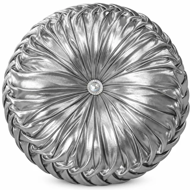 SWGOTA Zilverkleurig rond sierkussen 35 x 35 x 10 cm met glanzende plooien en decoratieve middenknop, polyester bekleding, voor bank of bed