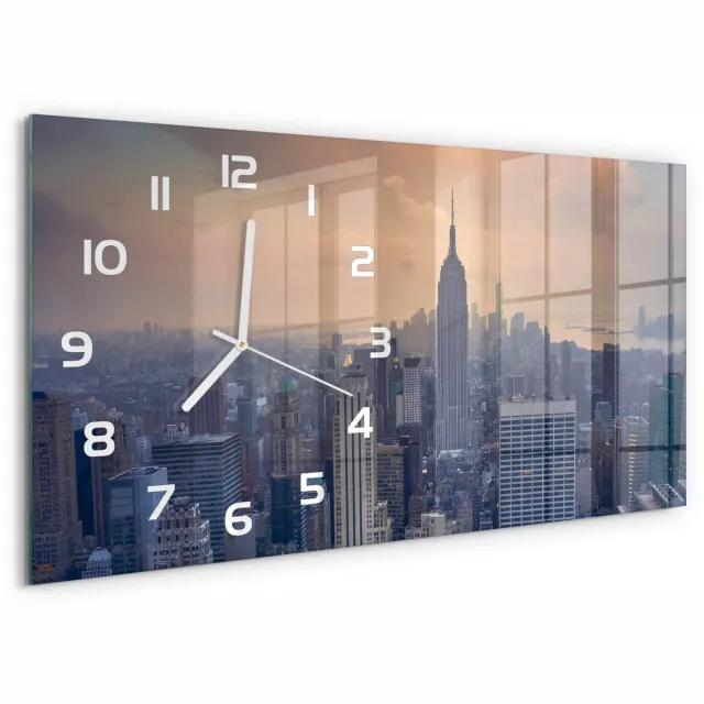 TULUP Wandklok - Manhattan, New York Glazen Wandklok Design - 60x30 cm - Grijs Klok Glas Met Opdruk - Witte handen - Rechthoekige Klok - Wandklok Glas Met Motief - Decoratieve Glazen Klok