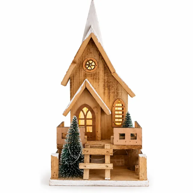 Woonyard Houten Kersthuisje met LED Verlichting, Bruin, Kerstdecoratie, 38 cm Hoog Wit, Bruin