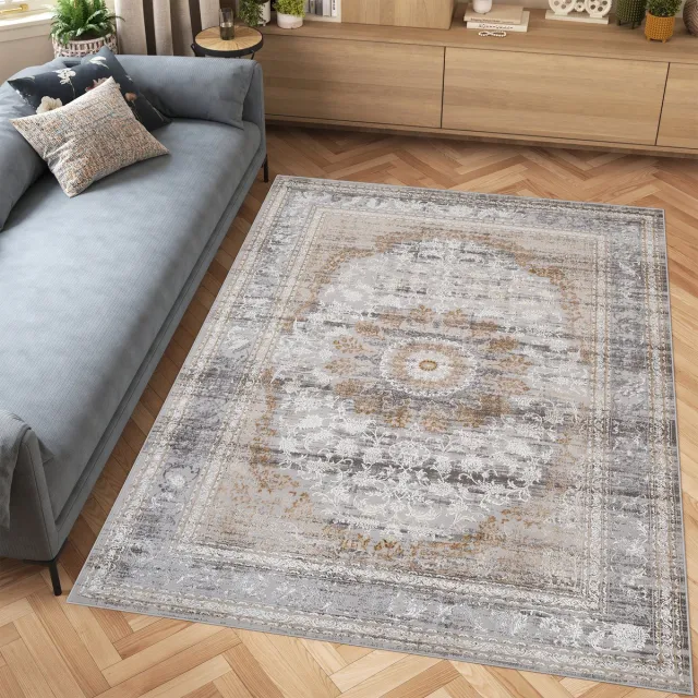 Tapiso Hera Vloerkleed Lichtgrijs Klassiek Frame Woonkamer Tapijt lichtgrijs grijs 1