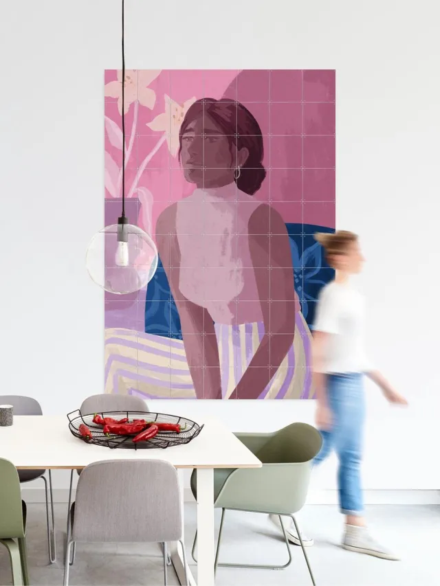 IXXI Daydreaming, Goed Blauw - 80 x 100 cm - Grote wanddecoratie en posters - Digitale Kunst, Illustraties, Kleurrijk, Strepen, Studeerkamer Roze / Blauw / Paars