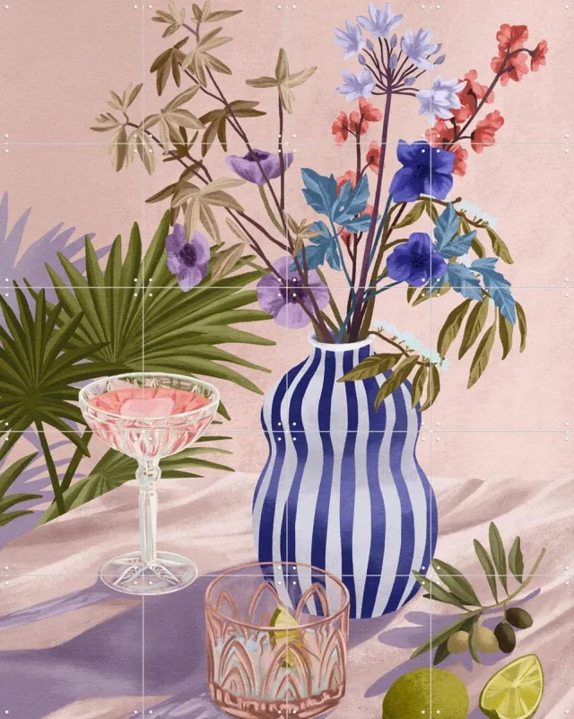 IXXI Lilac Summer, Goed Blauw - 80 x 100 cm - Grote wanddecoratie en posters - Kleurrijk, Illustraties, Eetkamer, Woonkamer, Keuken, Zomer, Fruit