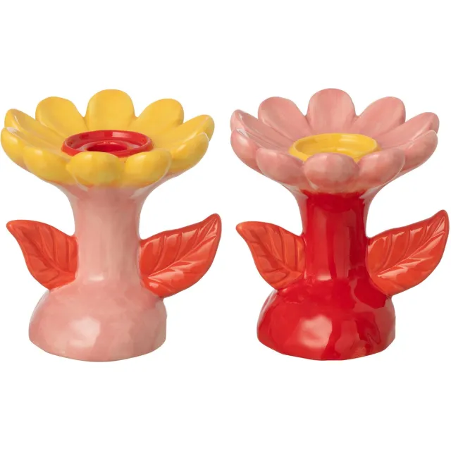 J-Line kaarshouder Bloem - keramiek - mix - set van 2 Multi