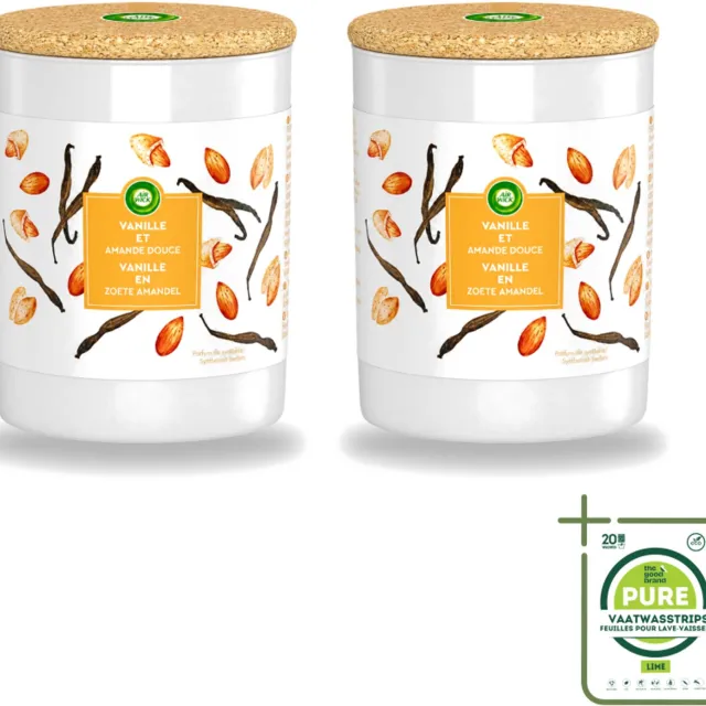 Air Wick 2 x Air Wick - Geurkaars - Vanille & Zoete Amandel - 35 Uur Brandduur - Grootverpakking - Vaatwasstrips - Geurkaars - Vanille - Amandel - Warme Geur - Sfeer Oranje