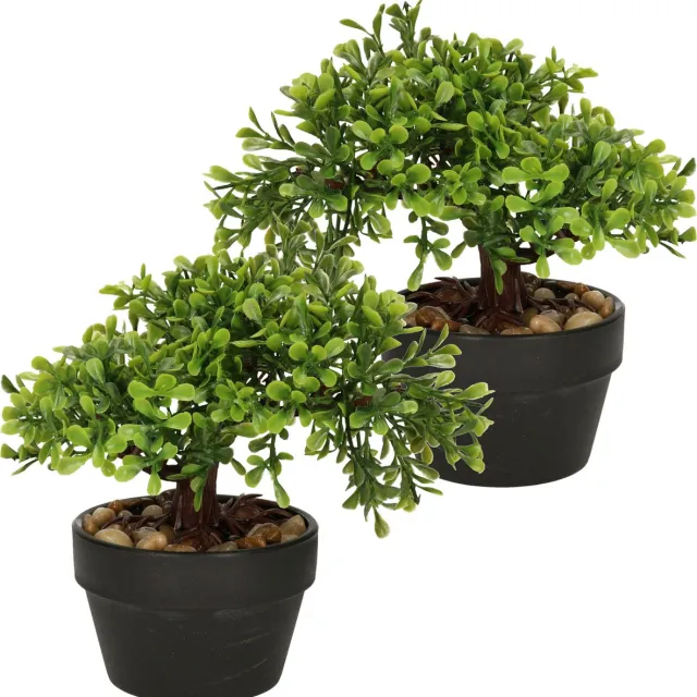 H&S Collection Kunstplant Bonsai boompje in pot - 2x - Type Olive - Japans decoratie - 19 x 13 x 15 cm Groen