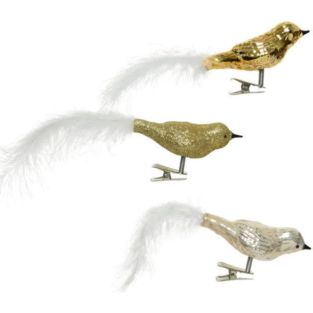 Decoris Kerst vogels - 3x st - op clip - goud - 8 cm - glas - kerstornamenten - kerstversiering - vogeltjes Goudkleurig