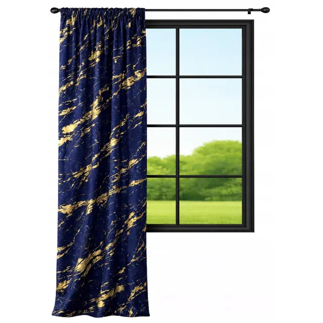 NOW-ART Luxe Velours Gordijn 140x240cm - Marmor Blauw met Gouden Print