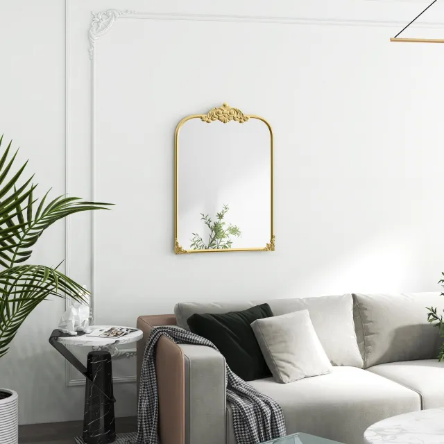 DESMIU Wandspiegel – Barokstijl – 60 x 87 cm – Metaal en Glas – Goud – Badkamer, Woonkamer en Slaapkamer – Afneembare Bloemdecoraties