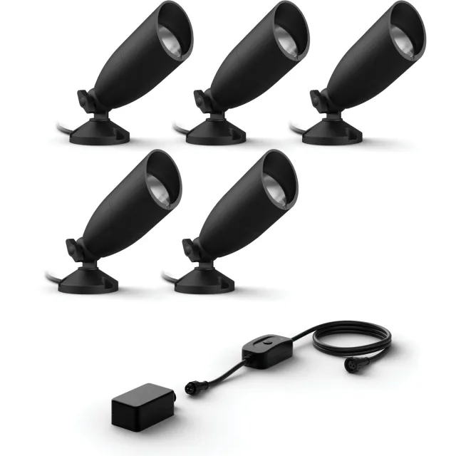 WiZ Tuinspot Basisset met 5 Tuinspots (Zwart) - Wit en Gekleurd Licht - Incl. Voedingskabel - Tuinverlichting - Slimme LED Verlichting - WiFi Antraciet