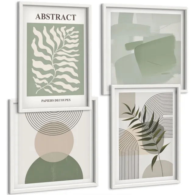 Coloray 4-Delige Schilderij Set - Botanische Abstracte Vormen In Boho-Rustieke Stijl - 40 x 40 En 40 x 60 - Wanddecoratie - Schilderijen Set - Interieur - Woonkamer Decoratie Witte lijst