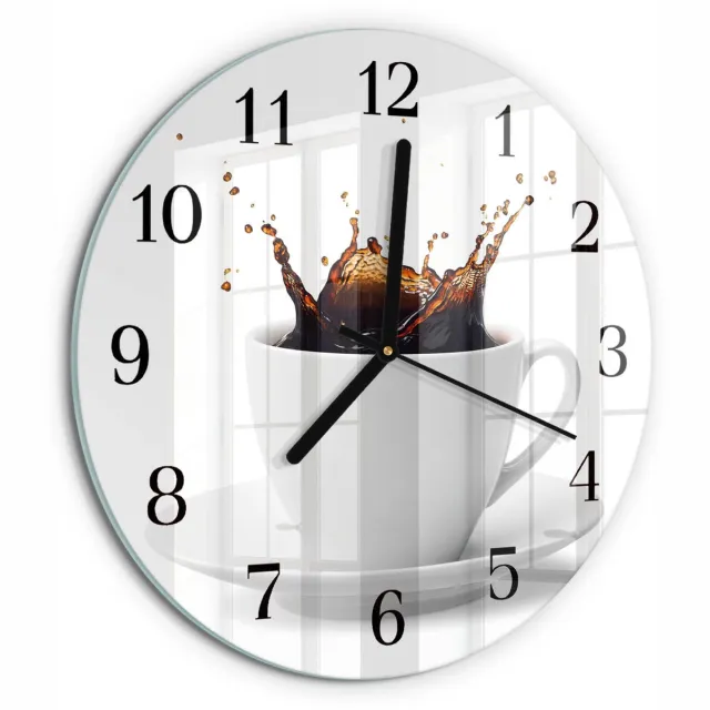TULUP Wandklok - Koffie Glazen Wandklok Design - 30fi cm - Wit Klok Glas Met Opdruk - Zwarte Handen - Ronde Wandklok - Wandklok Glas Decoratie - Gekleurde Glazen Klok Wit - Koffie