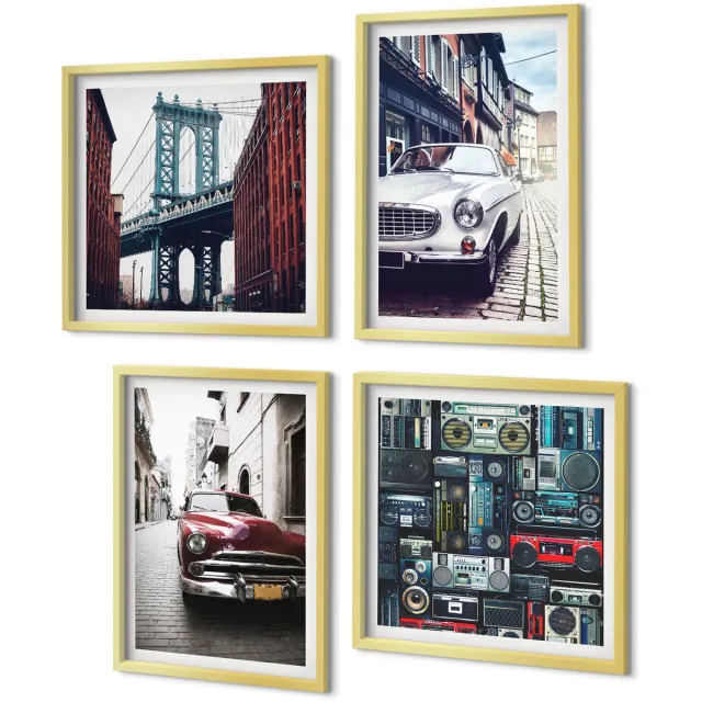 Coloray 4-Delige Schilderij Set - Oude auto's op straat bij de Brooklyn Bridge en retro audioapparatuur - 40 x 40 cm en 40 x 60 cm - Moderne Wanddecoratie - Woonkamer - Decoratieve Schilderijen Gouden lijst