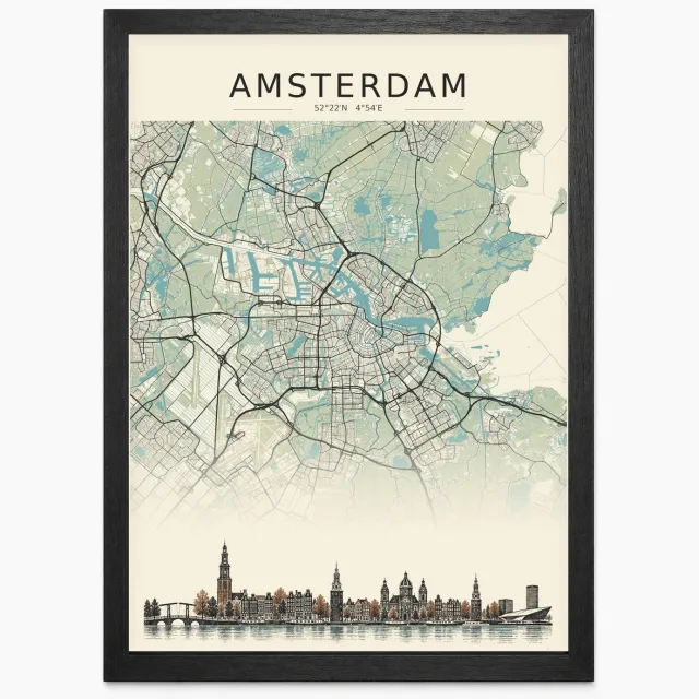 Joshimo Amsterdam Stadskaart Poster | Vintage Kaart met Skyline | Inclusief Zwarte A4 Lijst