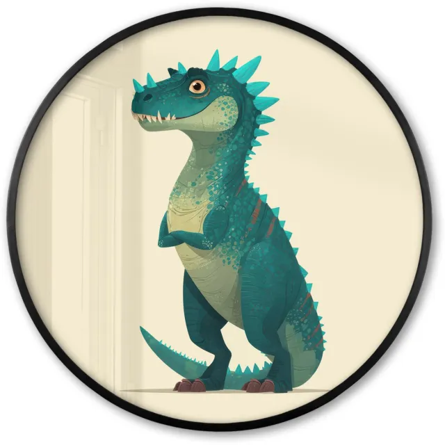 FrameYourWall Poster in lijst Rond - Fotolijst 80x80 cm - Posters - Dinosaurus - Turquoise - Stekels - Ronde posterlijst zwart - Decoratie - Wanddecoratie woonkamer - Muurdecoratie slaapkamer Dinosaurus - Stekels