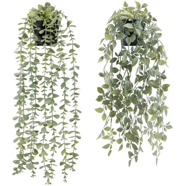 Unyqoos Set van twee levensechte kunsthangplanten voor stijlvolle wanddecoratie Grijs