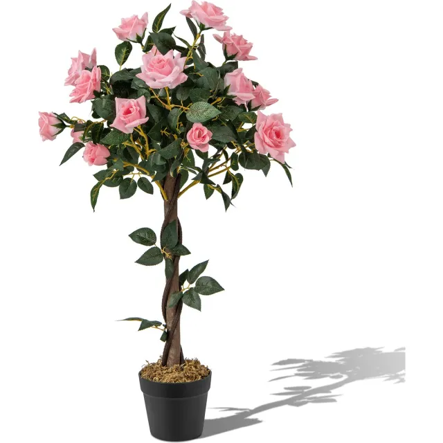 Costway Kunstboom met bloemen, 93 cm, kunstplant in pot, rozenboom met 21 dennenrozen en natuurlijke stam, kunstbloem voor thuis, kantoor, kamerplant, decoratieve plant Groen, Roze, Zwart