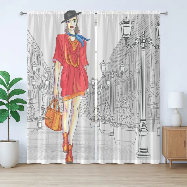ABAKUHAUS Rustiek Modegordijn, Moderne Stedelijke Streetmode, met Bandjes, Lussen en Haken voor de Woonkamer, 280 x 175 cm, Grijs Rood Oranje
