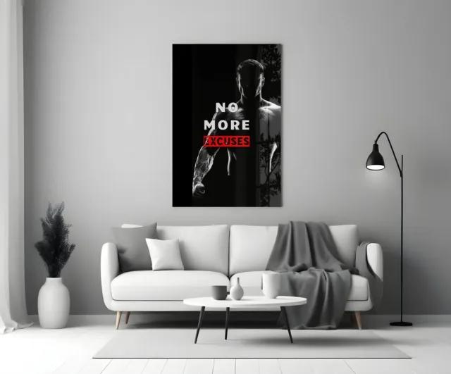 Insigne Art Glasschilderij No More Excuses – Motivatie Poster – Fitness Gym Wanddecoratie – Sport Schilderij - 110x70 cm Zwart