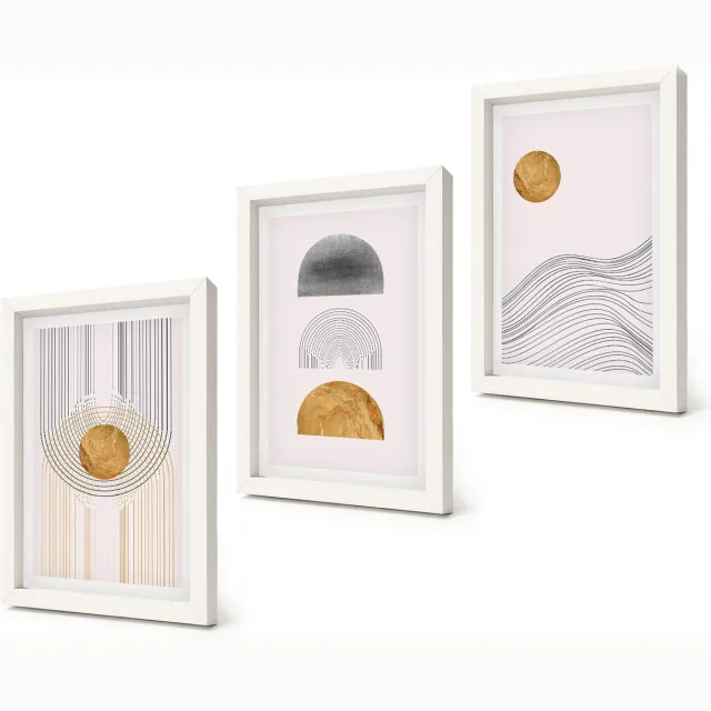 Coloray 3-Delige Schilderij Set - Abstracte vormen en lijnen in beige en grijze tinten. - 20x30 - Muurdecoratie - Wanddecoratie - Hal - Stijlvolle Muurdecoratie Witte lijst
