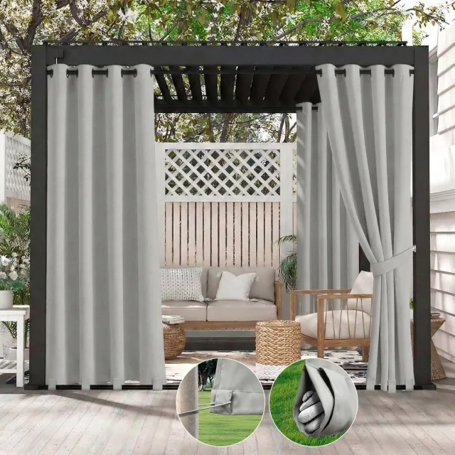 Qelus Buitengordijn Winddicht & Waterdicht - Outdoor Gordijn met Oogjes (Boven) en Anti-wind Lussen (Onder) - Weerbestendig voor Pergola - 132x213cm - Lichtgrijs - 1 Stuk