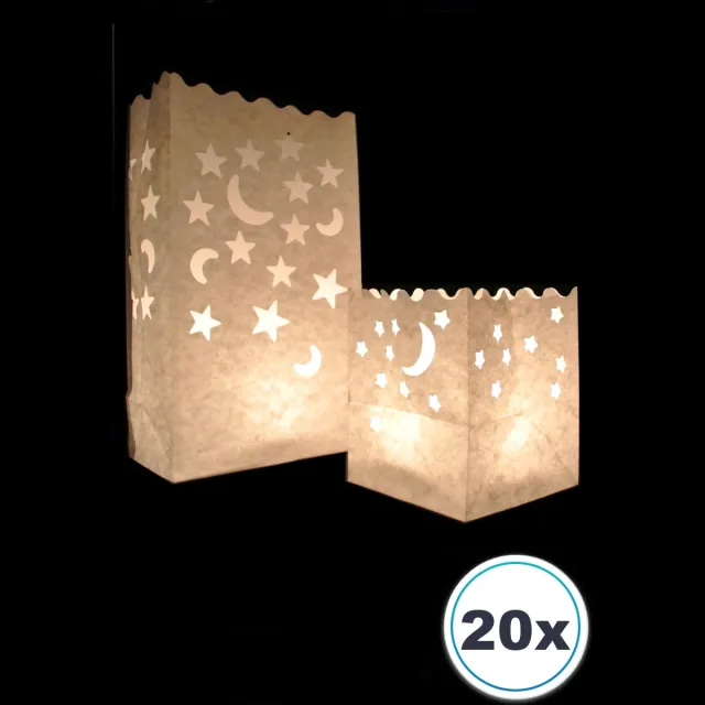 Volanterna 10 Kleine + 10 Grote Candle Bags Maan en Sterren – Papieren Lichtzakken – Windlichten – Kaarsenhouders – Brandvertragend Papier – Voor Binnen & Buiten – Magisch Lichtmoment – Candlebag wit