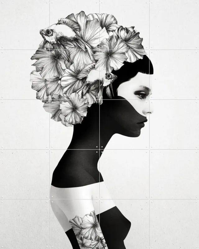 IXXI Marianna, Ruben Ireland - 80 x 100 cm - Grote wanddecoratie en posters - Illustraties, Line art, Slaapkamer, Woonkamer, Natuur, Portretten Monochroom / Zwart en wit / Zwart