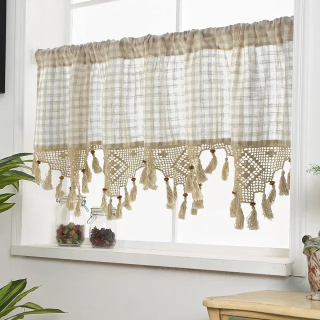 Choicehot vitrage landhuisgordijnen geruite gordijnen beige bistrogordijn keukengordijnen kort gordijn klein raam landelijke stijl vintage 1 stuk 45 x 150 cm