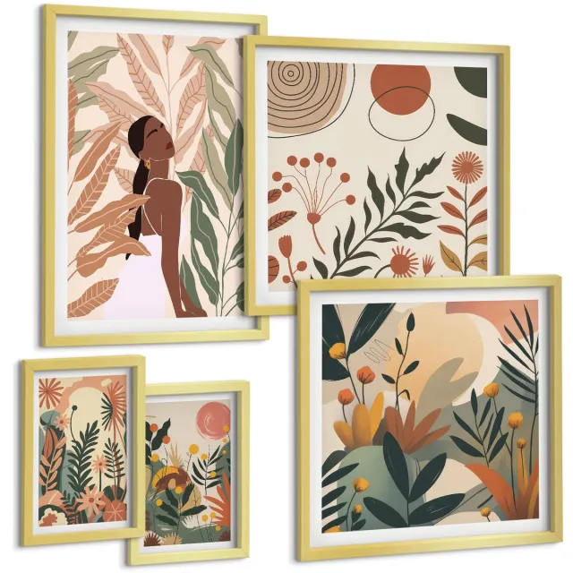 TULUP 5-Delige Schilderij Set - Boho-stijl met figuren en plantmotieven - 50 x 50 cm, 20 x 30 cm en 40 x 60 cm - Moderne Wanddecoratie - Slaapkamer Gouden lijst